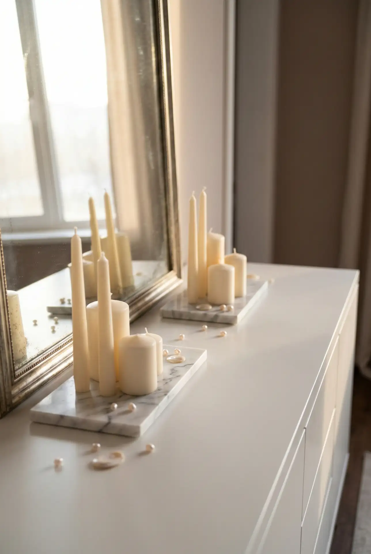 Soft White Wedding Buffet With Candle Clusters 2