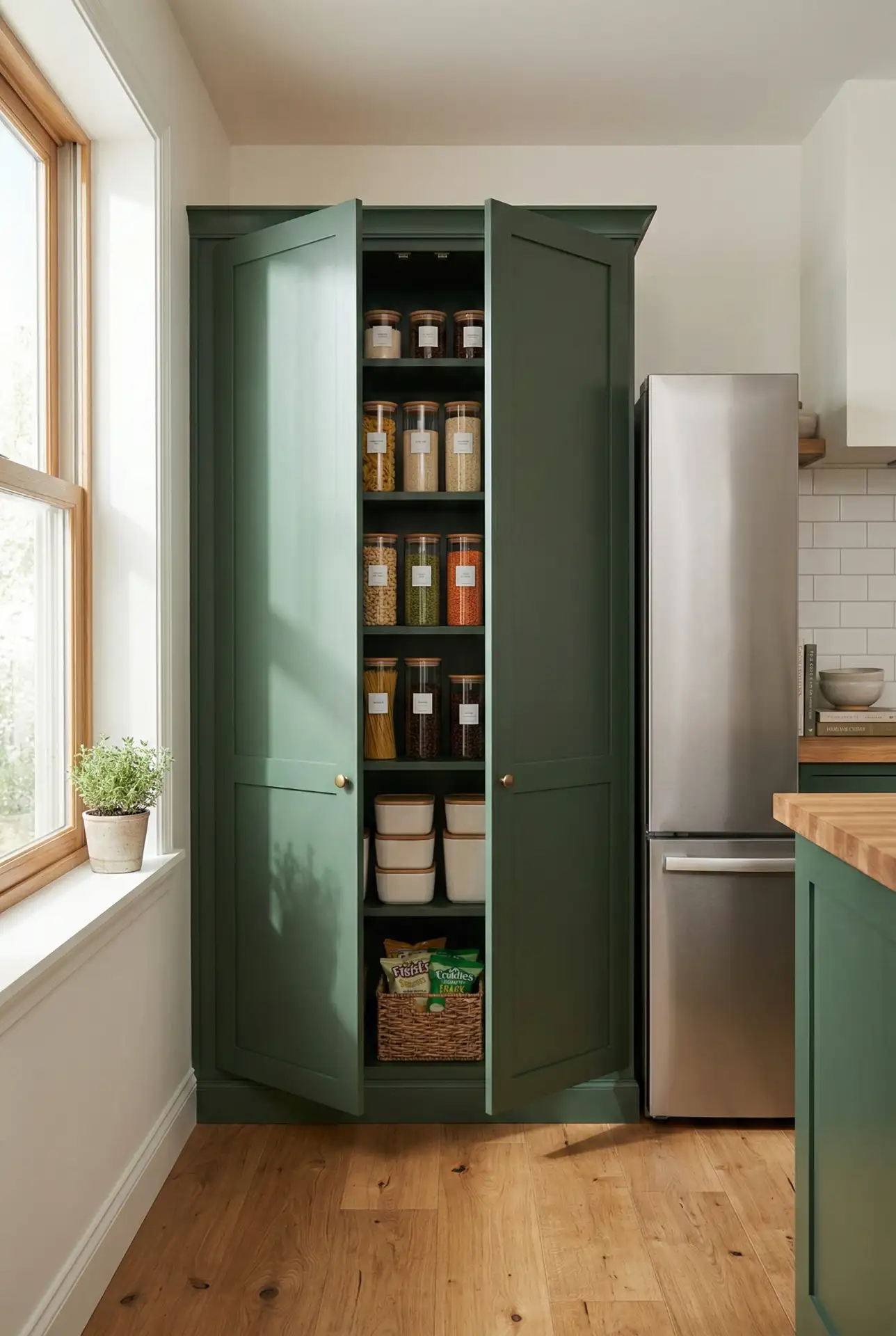Stand-Alone Green Pantry Beside the Fridge 1