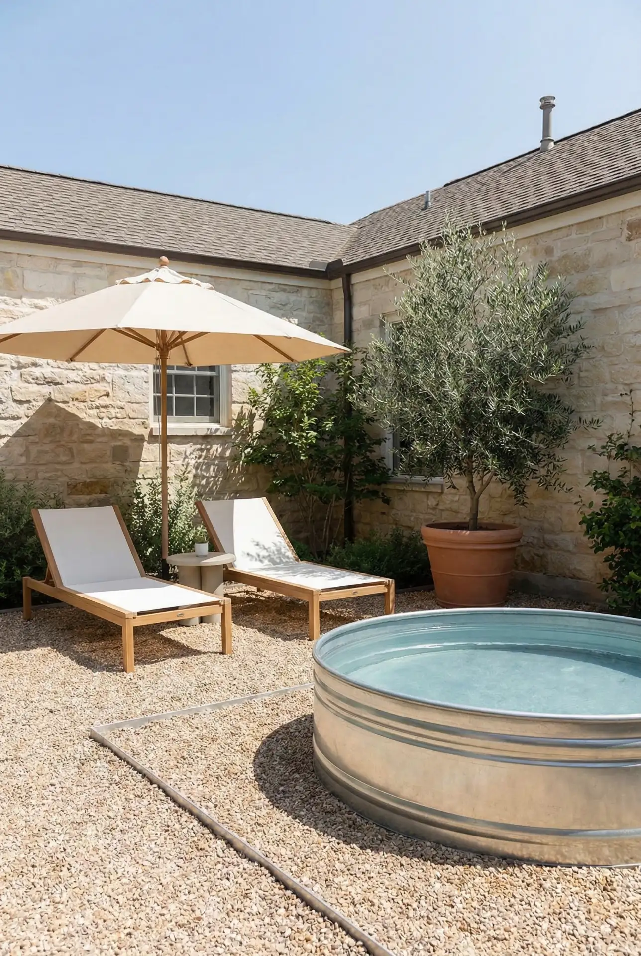 Stock Tank Pool Gravel Courtyard With Shade Corner 1