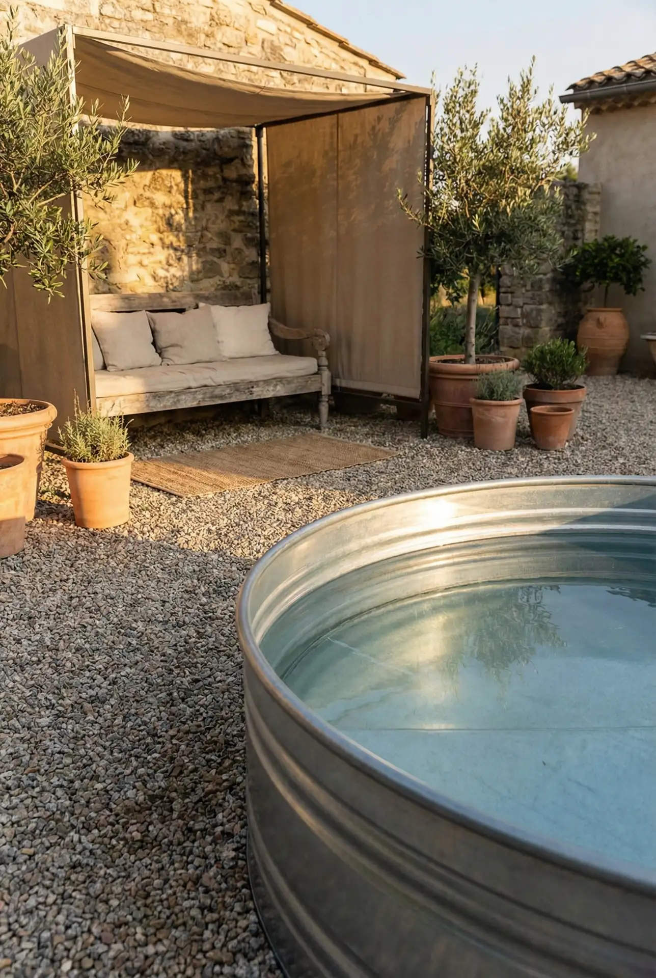 Stock Tank Pool Gravel Courtyard With Shade Corner 2
