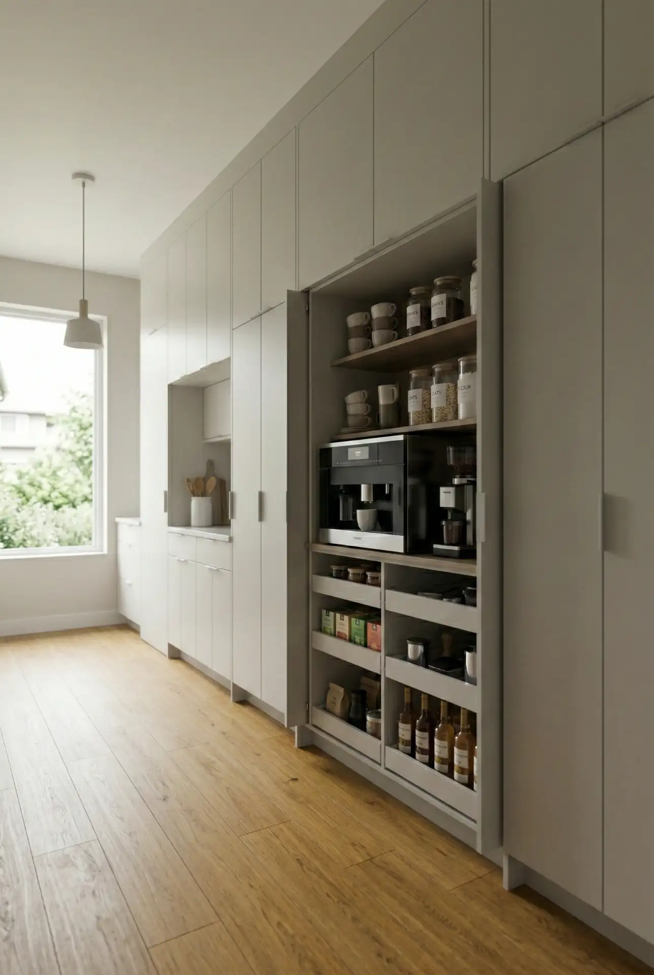 Tall Pantry Cabinet with Integrated Appliance Garage 1