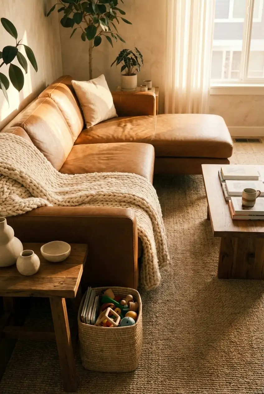 Tan Leather Sectional In A Relaxed Family Layout 1