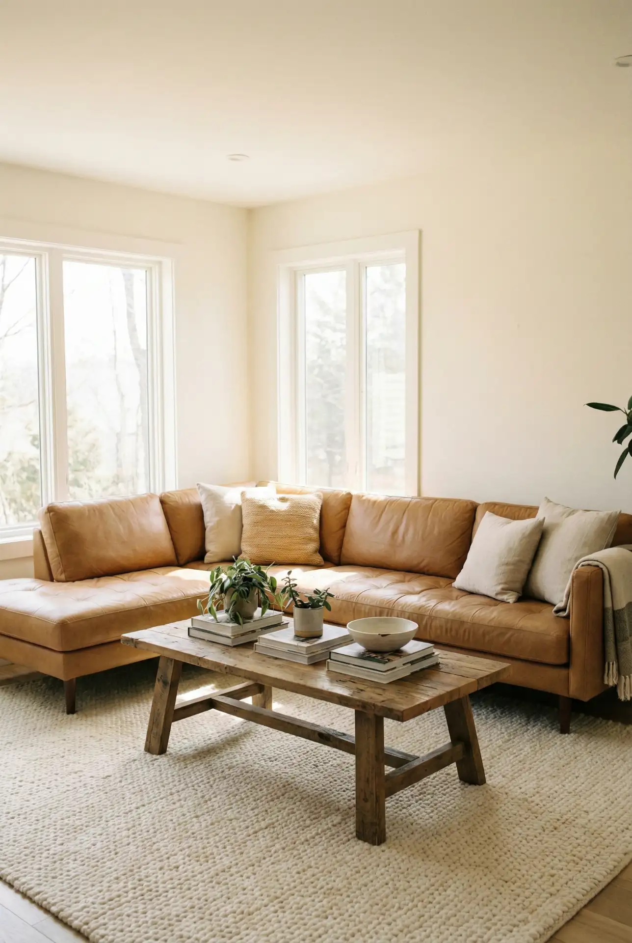 Tan Leather Sectional In A Relaxed Family Layout 2