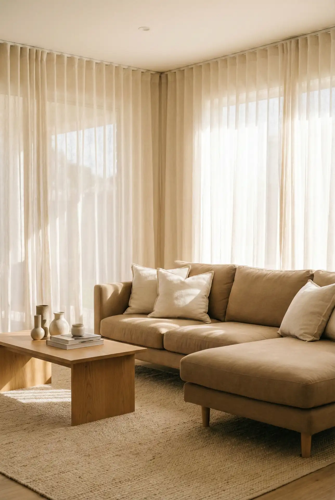 Tan Sectional In A Relaxed, Sunwashed Living Room 1