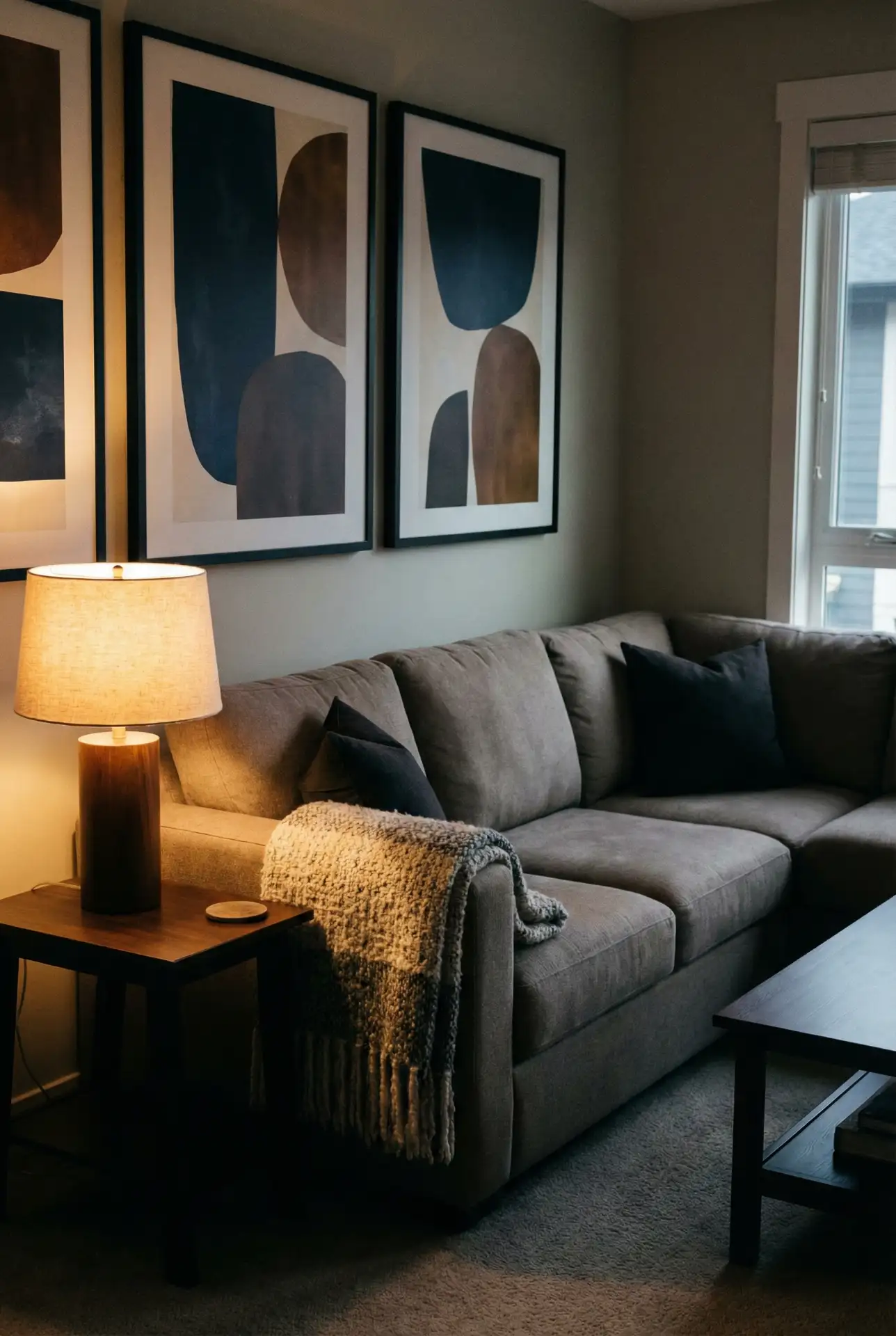 Taupe Sectional With Dark Gray Accent Wall 2