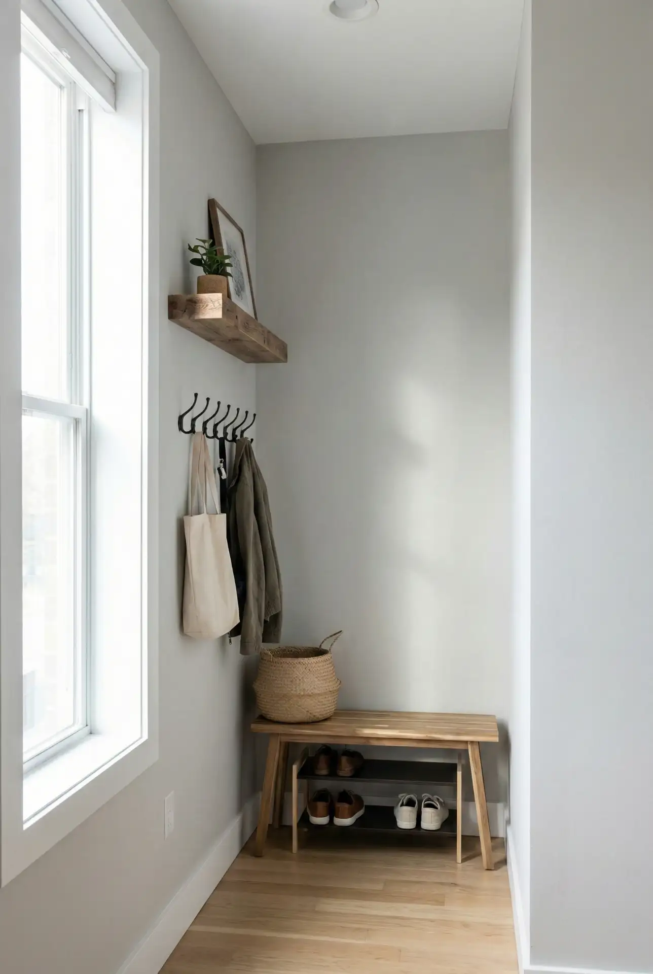 Tiny Apartment Entry With Floating Shelf And Hooks 1