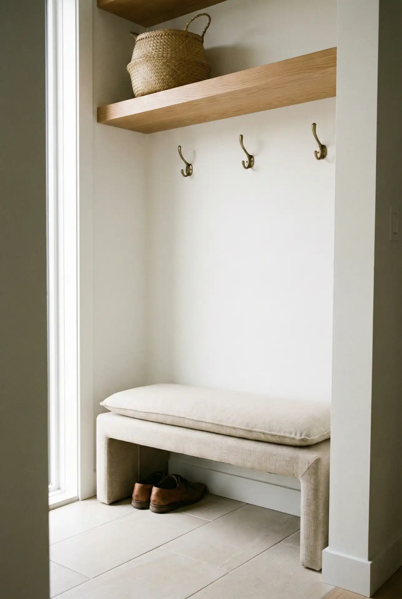 Tiny Apartment Entry With Floating Shelf And Hooks 2