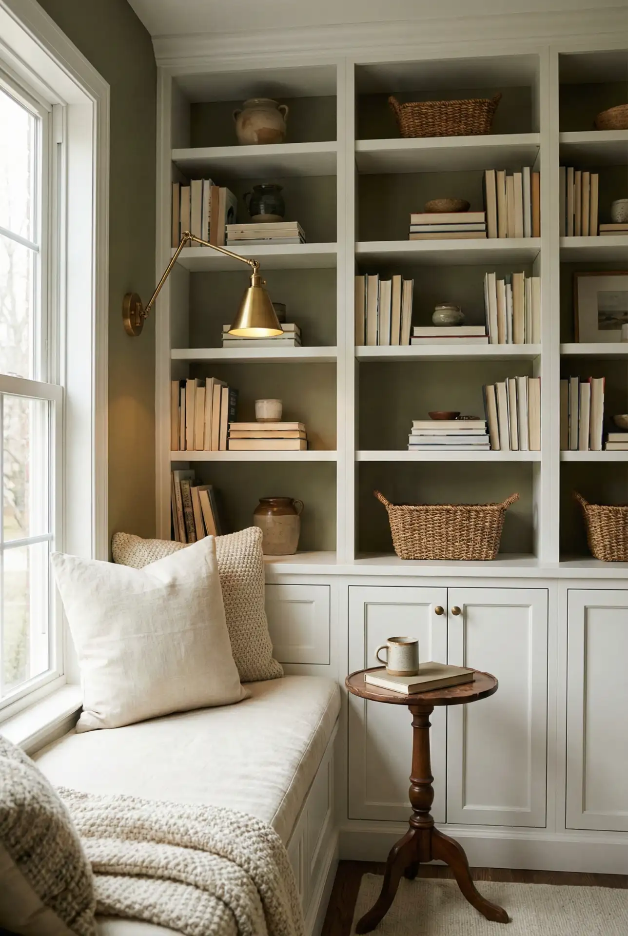 Tiny Green Reading Nook With Built-In Shelves 1