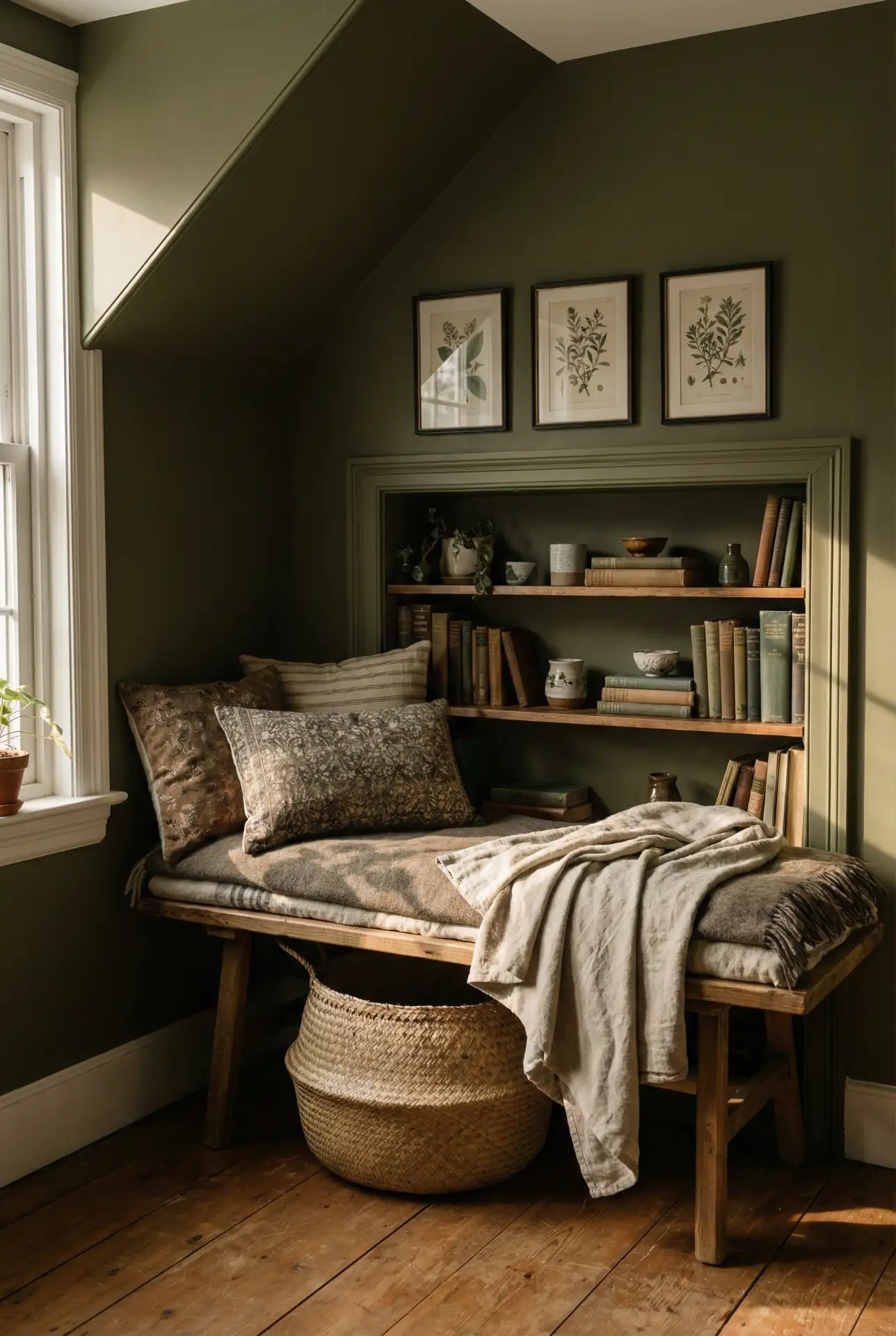Tiny Green Reading Nook With Built-In Shelves 2