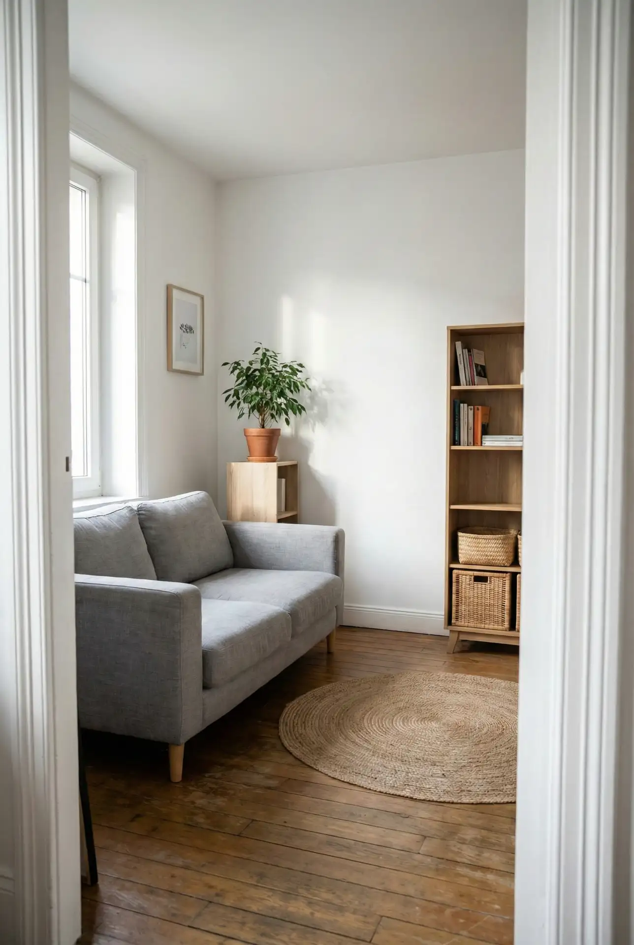 Tiny Living Room With A Grey Couch And Hidden Storage 1