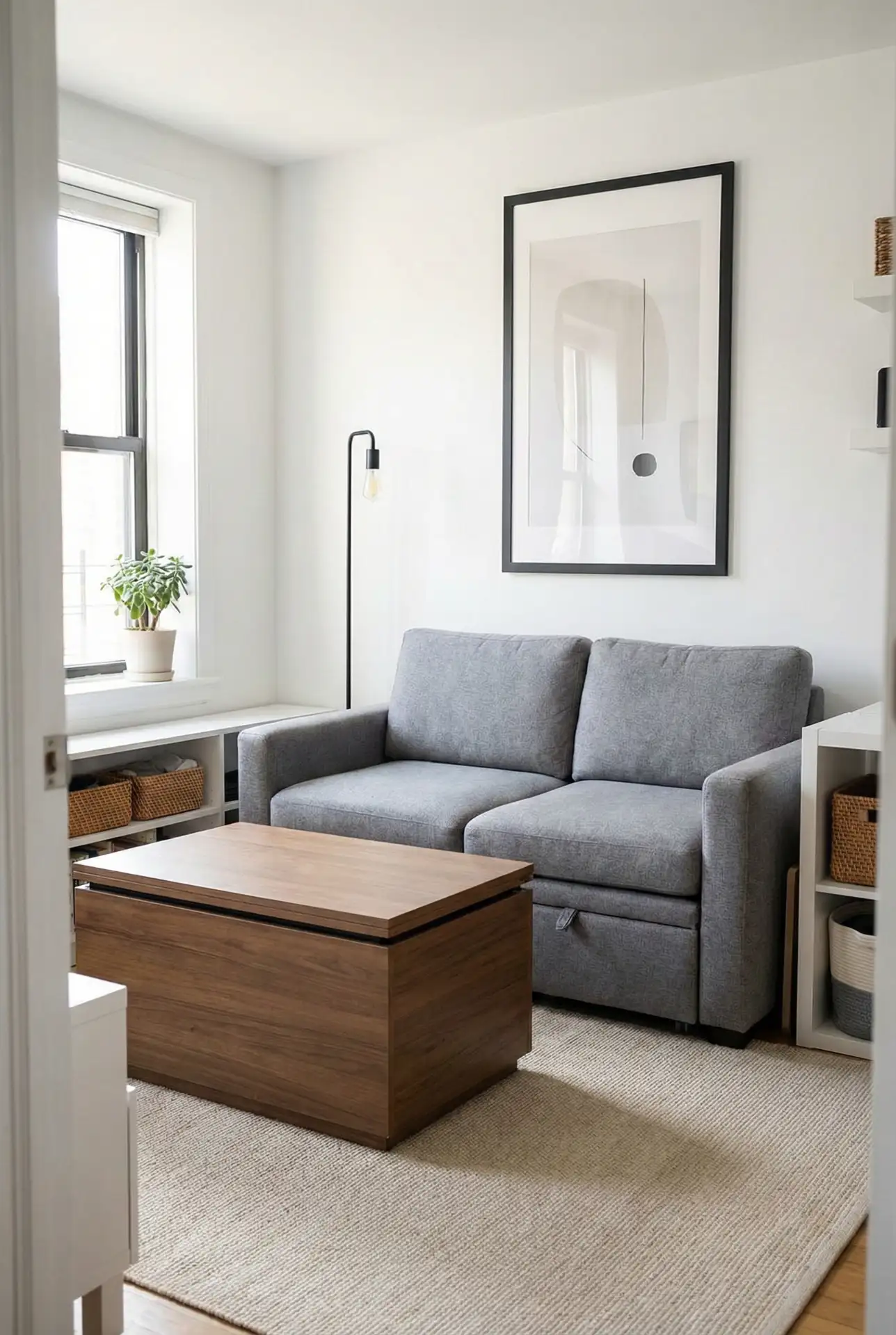 Tiny Living Room With A Grey Couch And Hidden Storage 2