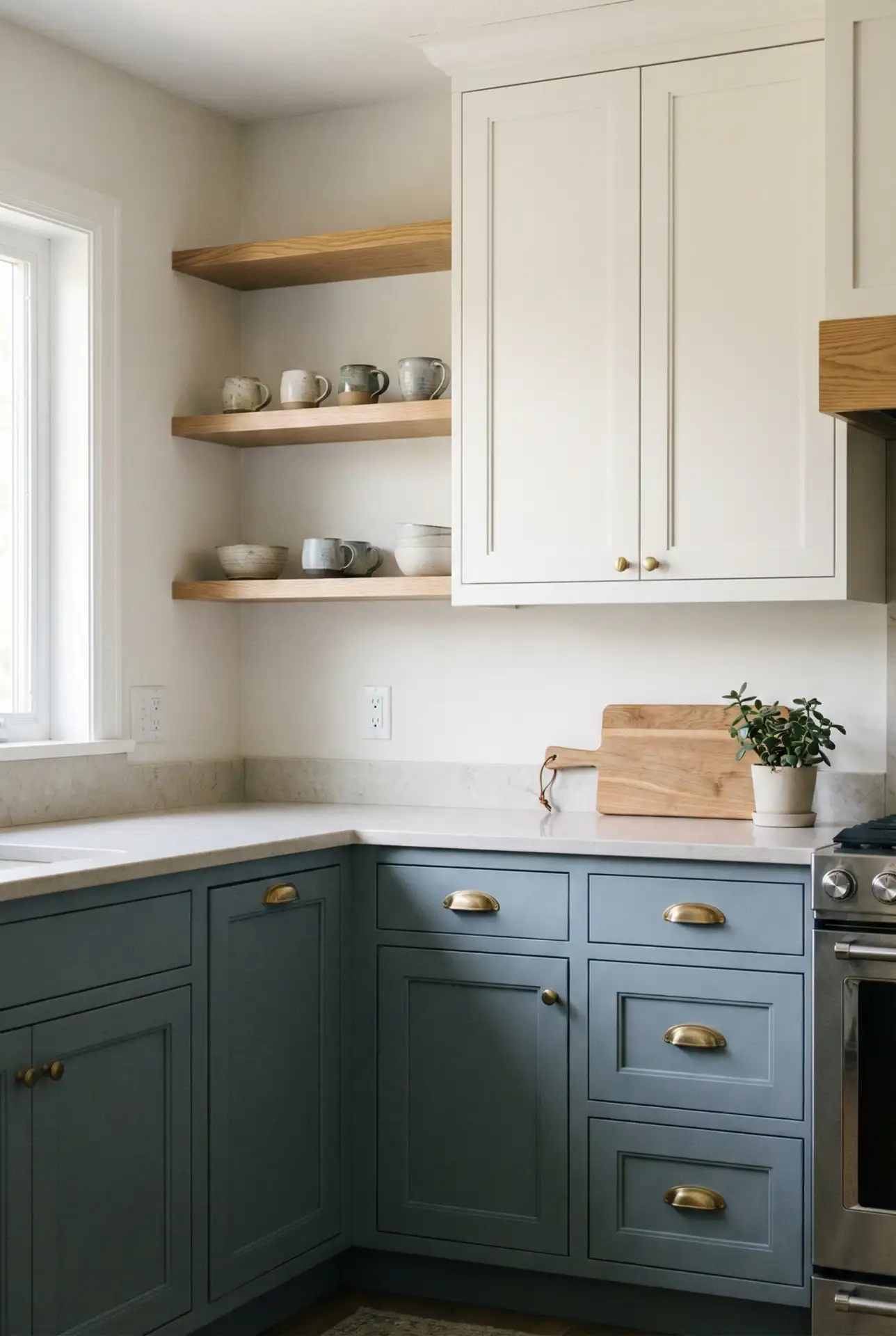 Trendy Two-Tone Painted Cabinets With Warm Oak Accents 2