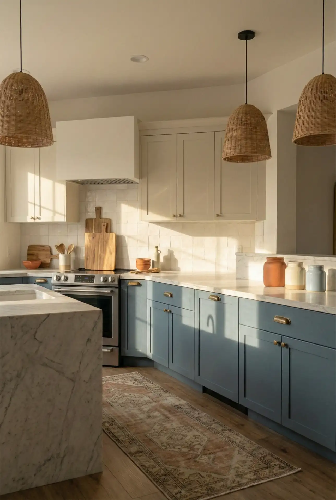 Trendy White Cabinets With A Soft Color Pop Island 1
