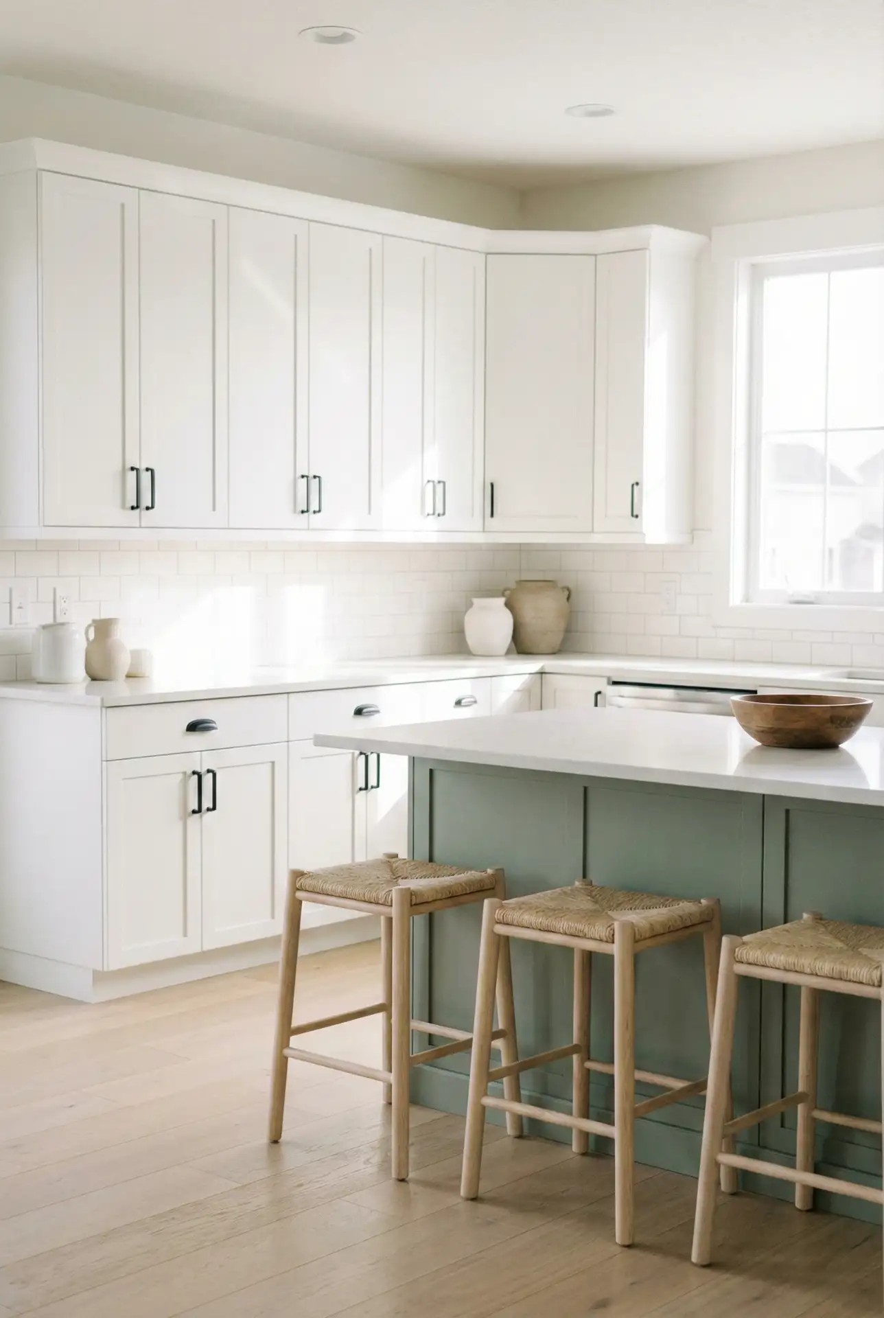 Trendy White Cabinets With A Soft Color Pop Island 2