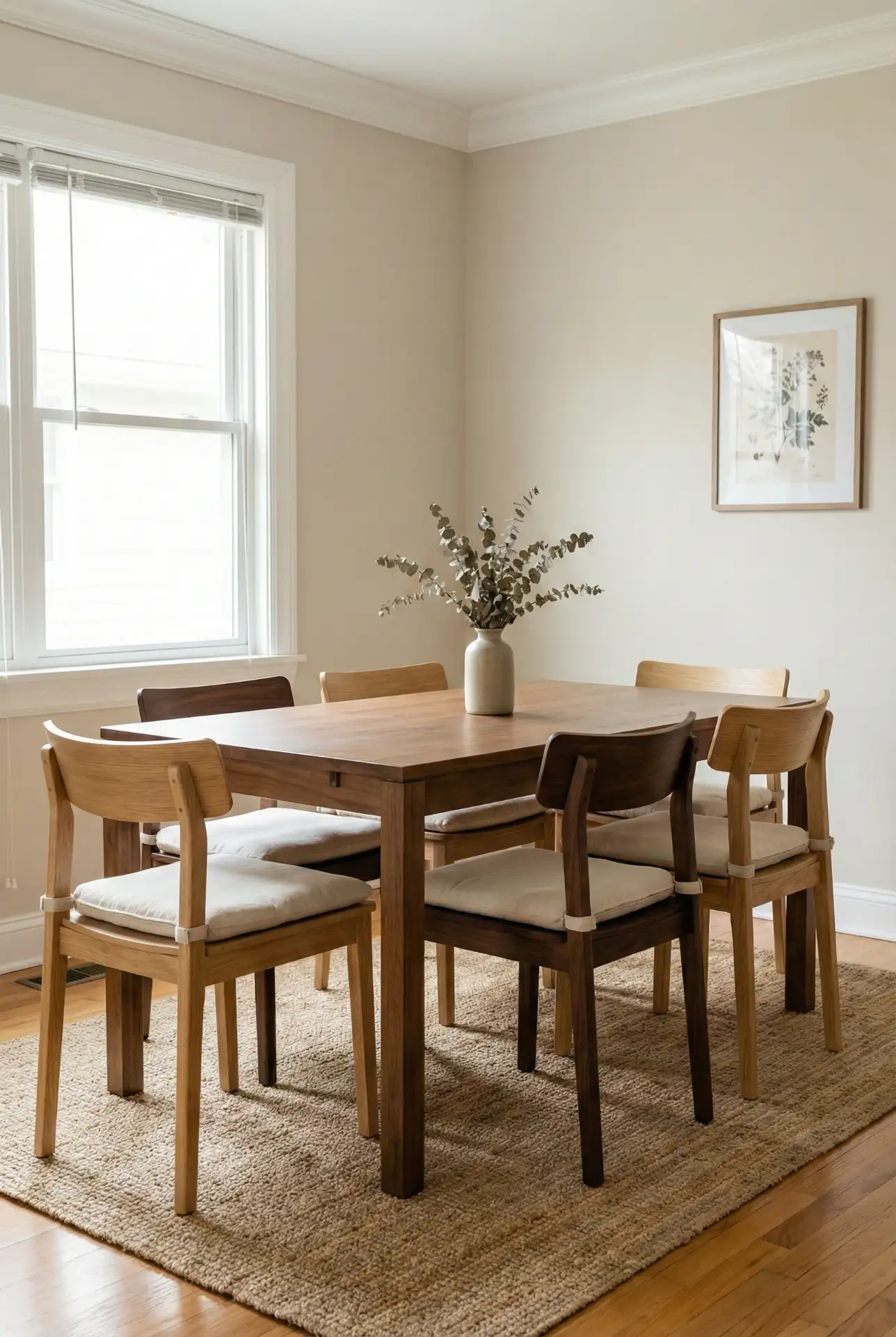 Two-Tone Mismatched Chairs With A Shared Upholstery Detail 1