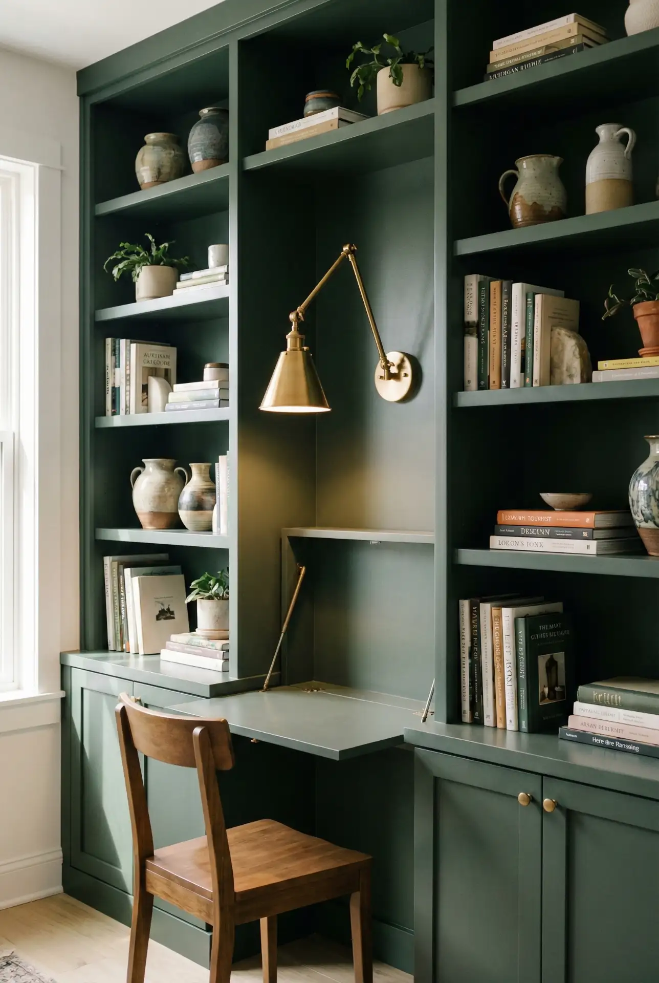 Unique Library With Green Built-Ins And A Hidden Desk 1