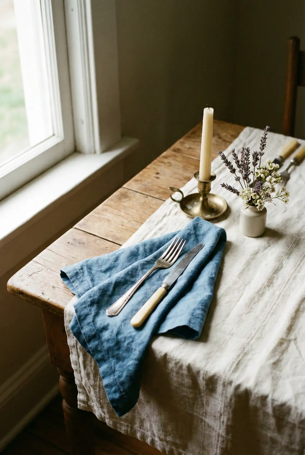 Vintage Country Indoor Reception With Soft Blue Linens 1