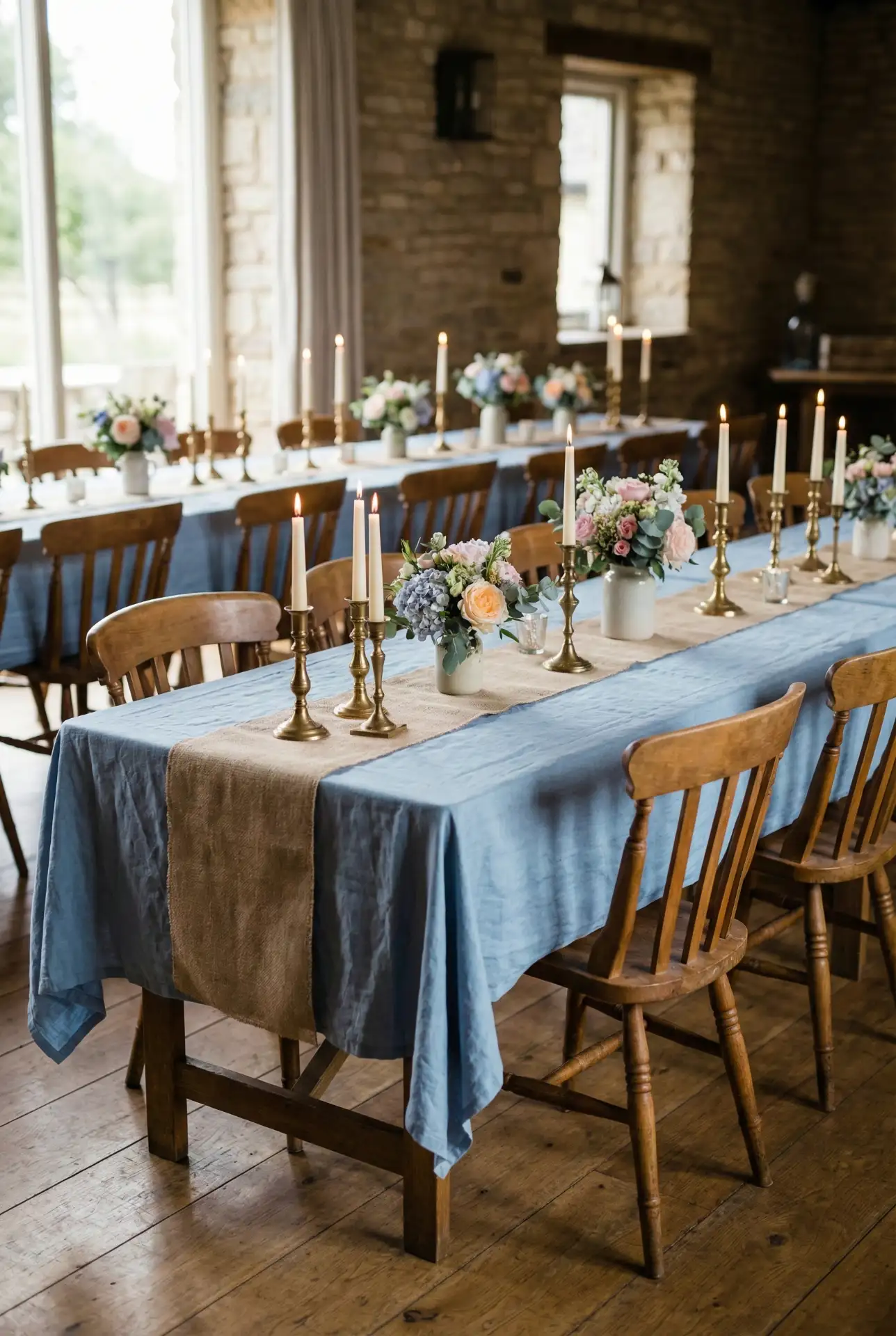 Vintage Country Indoor Reception With Soft Blue Linens 2