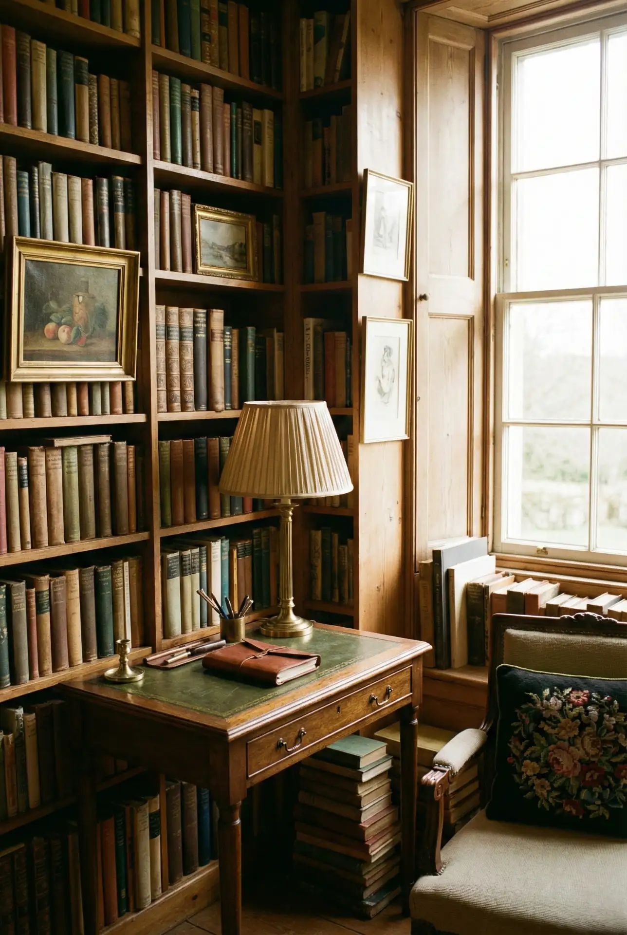 Vintage Cozy Library With Collected Frames And Mixed Woods 1