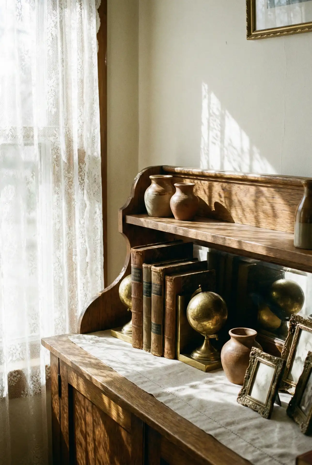 Vintage Cozy Library With Collected Frames And Mixed Woods 2