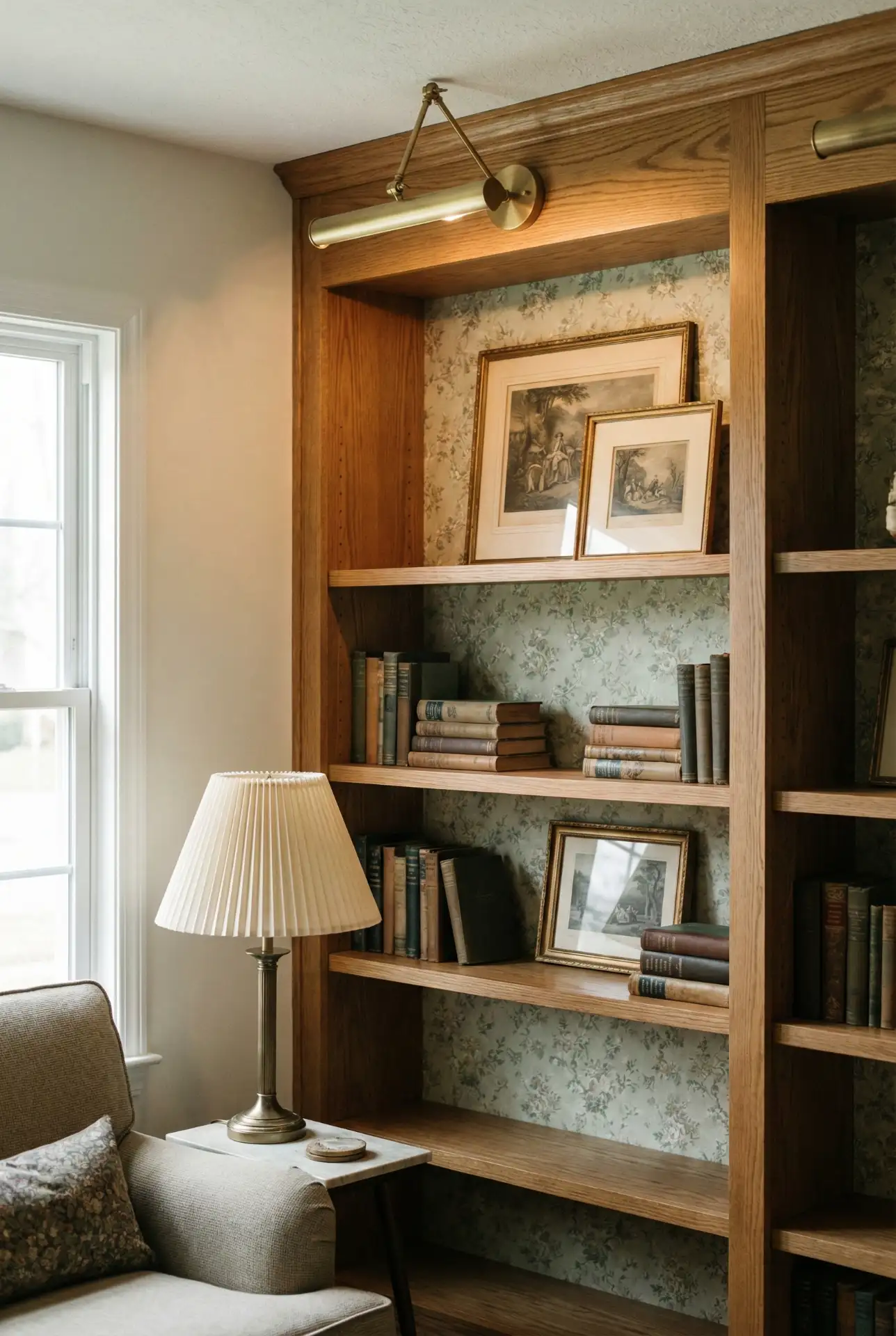 Vintage Cozy Library With Wallpaper Backing And Picture Lights 1