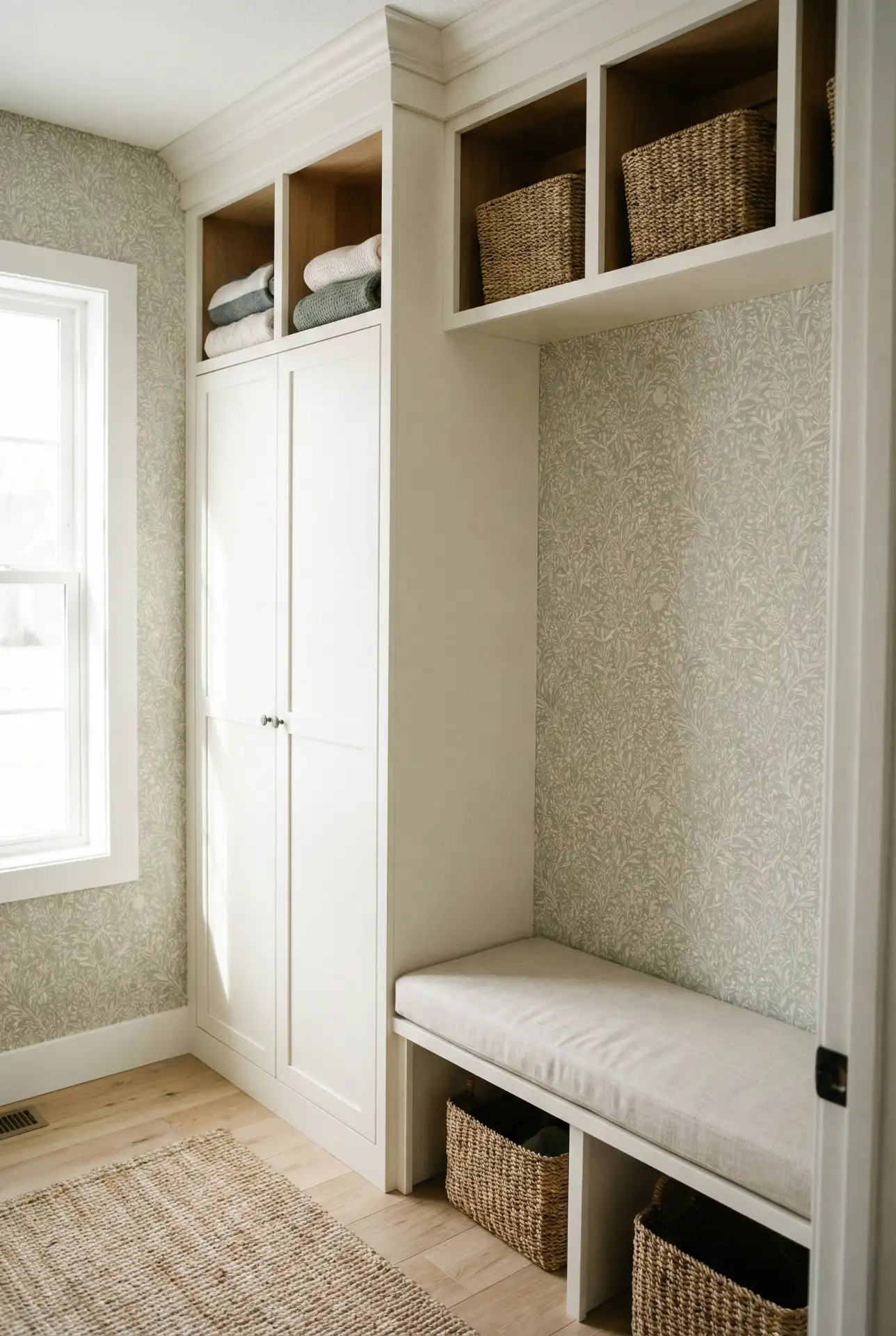 Wallpapered Entry Nook With Built-In Storage Tower 1