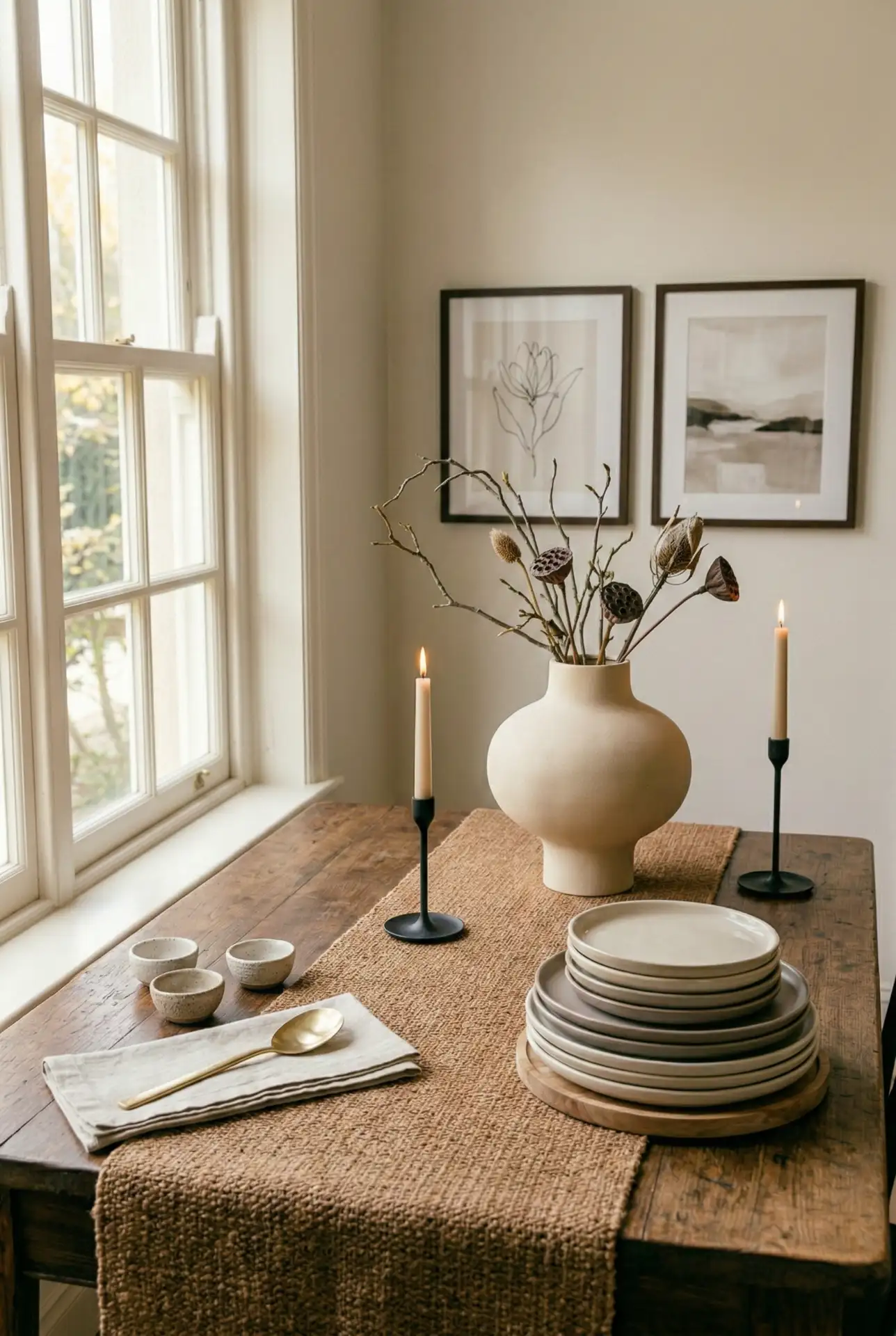 Warm Brown Textiles And Elegant Art On A Dining Buffet 1