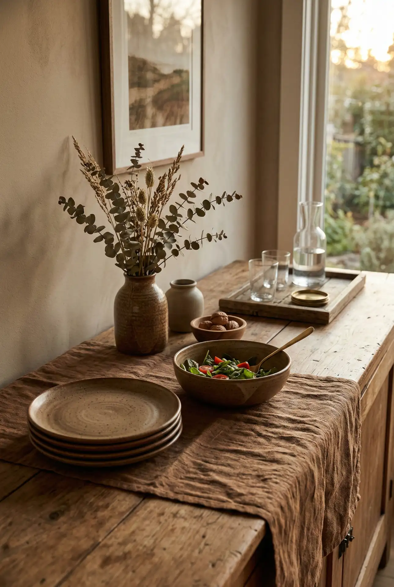 Warm Brown Textiles And Elegant Art On A Dining Buffet 2