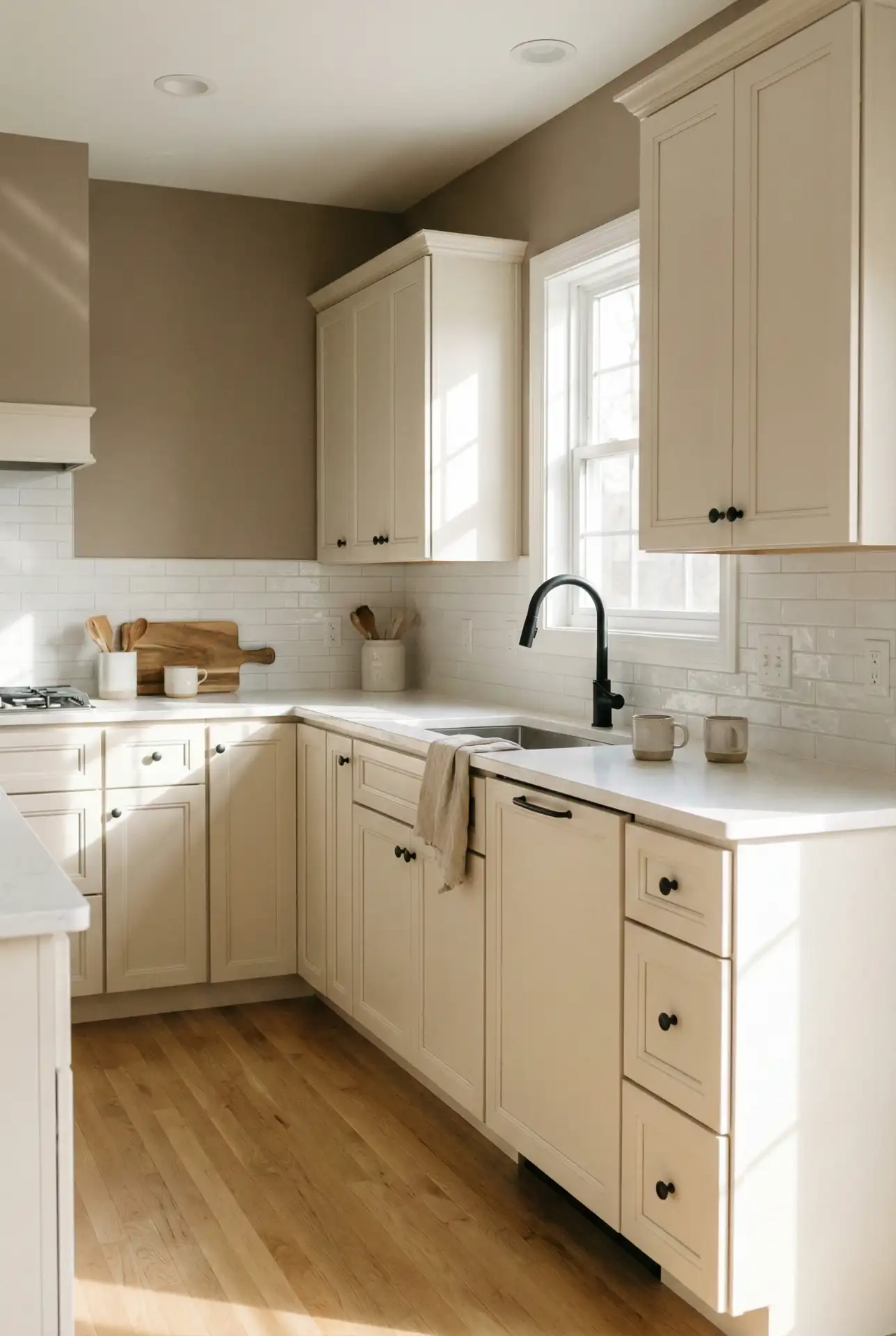 Warm Taupe Walls With Cream Cabinets And Soft Black Accents 1