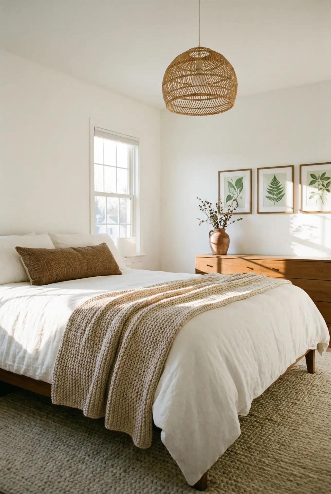 Warm White Bedroom With Earthy Neutrals And Green Touches 1