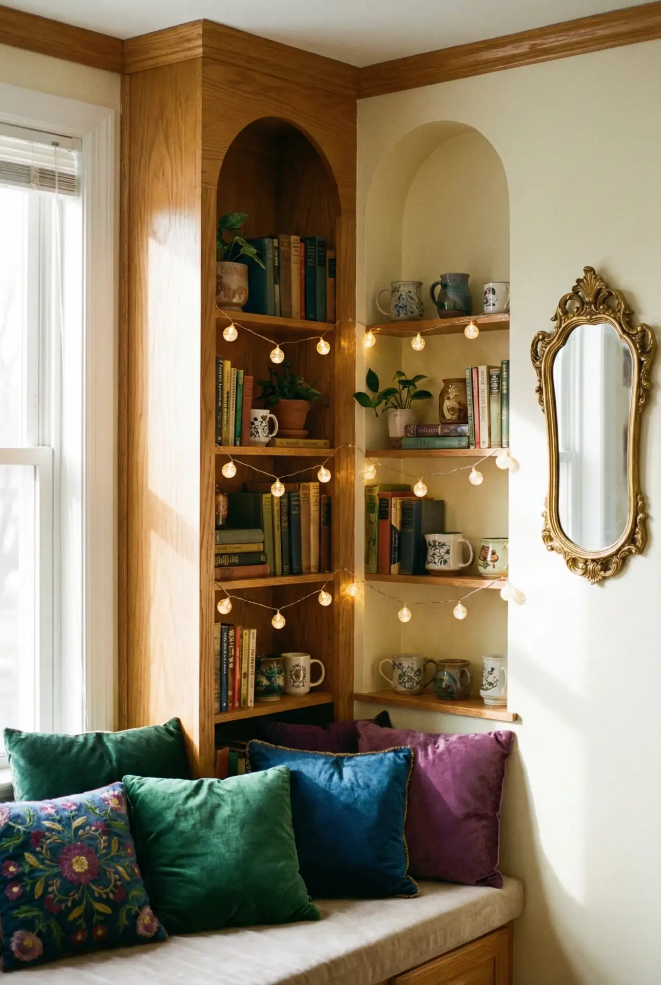 Whimsical Fantasy Library Corner With Arched Shelves 1