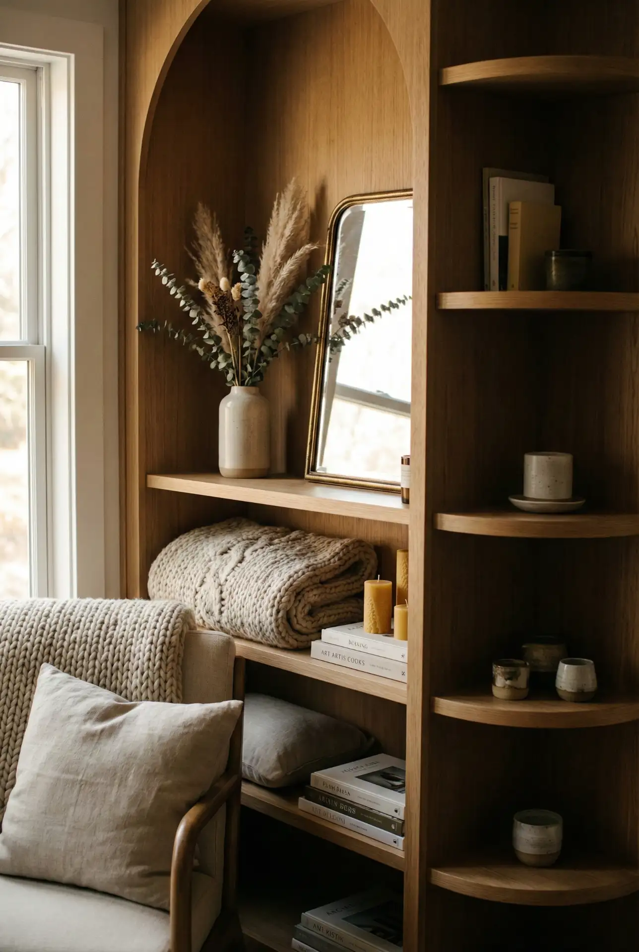 Whimsical Library Nook With Curved Bookcases And Soft Color 1