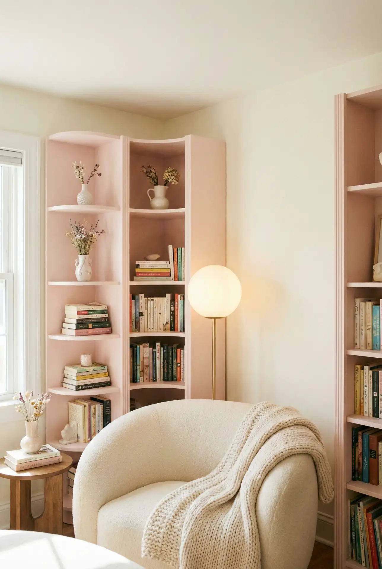 Whimsical Library Nook With Curved Bookcases And Soft Color 2