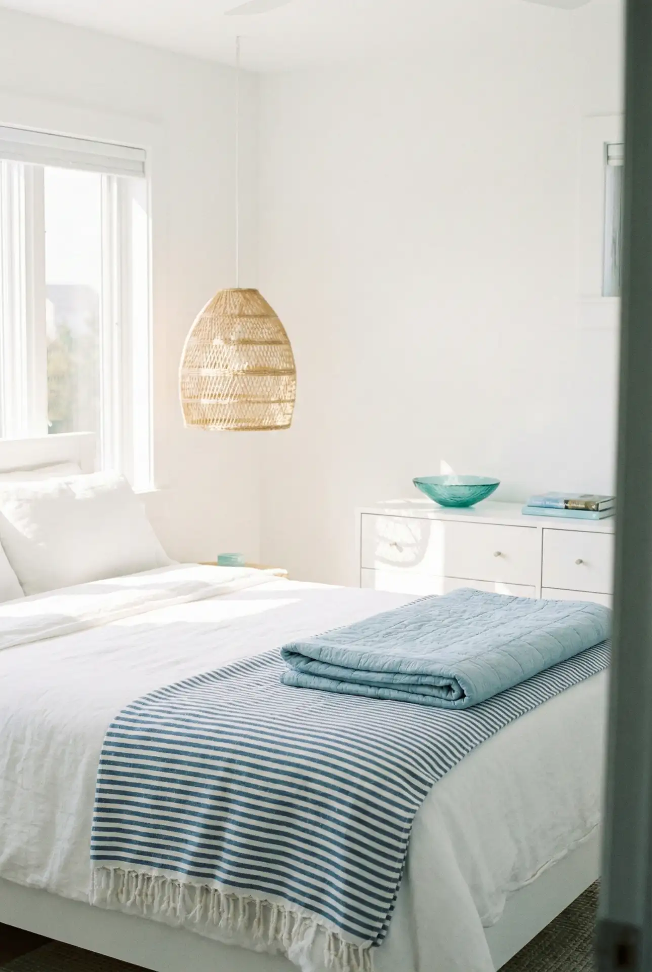 White Bedroom With Coastal Blues And Breezy Drapery 2
