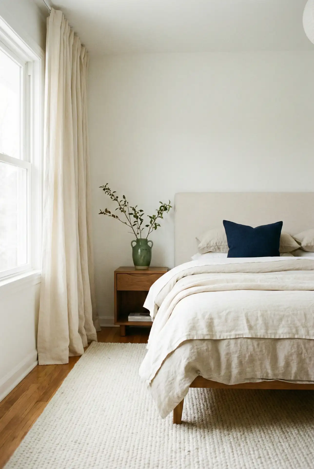 White Bedroom With Creamy Greens And Deep Blue Calm 1