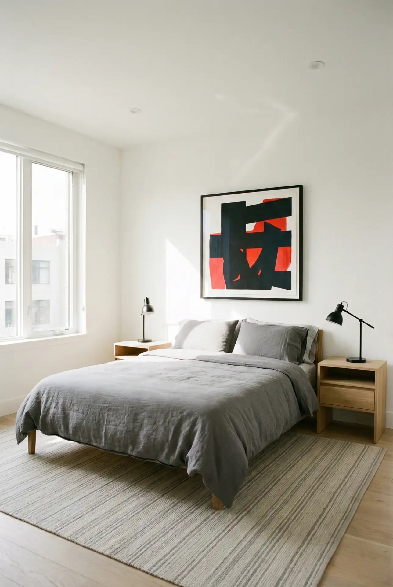 White Bedroom With Graphic Red-Black Edge And Soft Grays 1