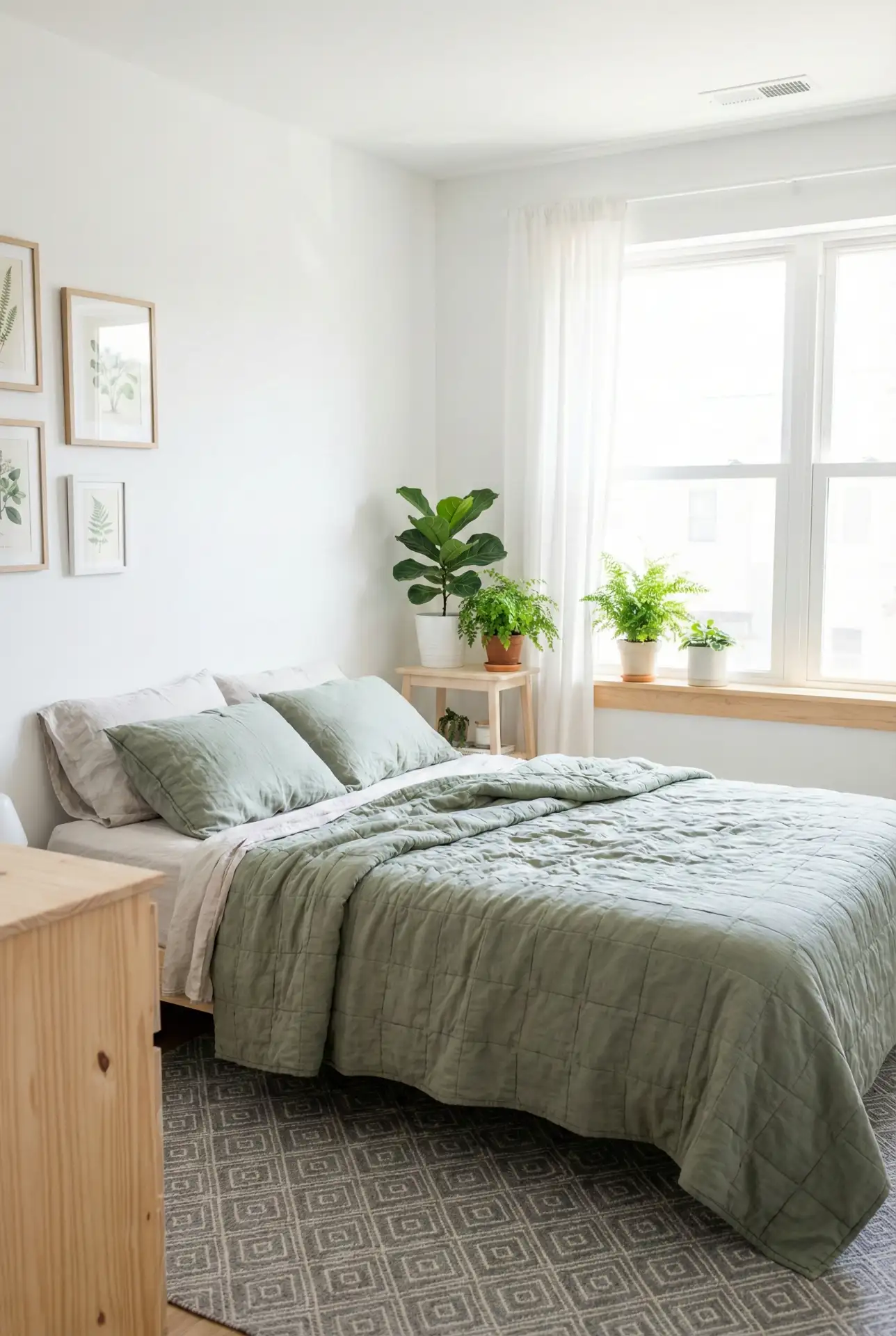 White Bedroom With Green And Sage Accents For A Calm Nature Feel 1