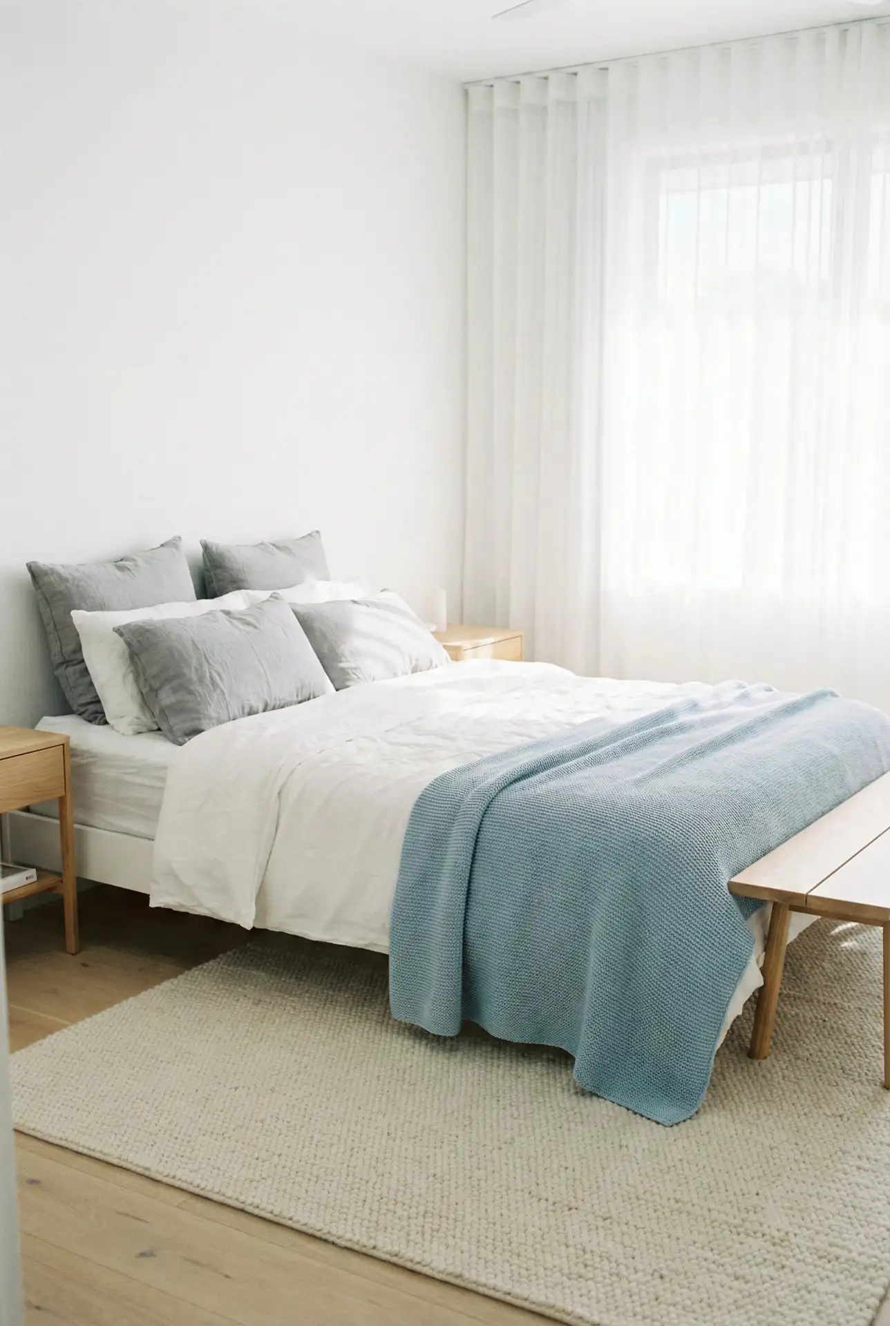 White Bedroom With Grey And Light Blue Airy Layered Textiles 2