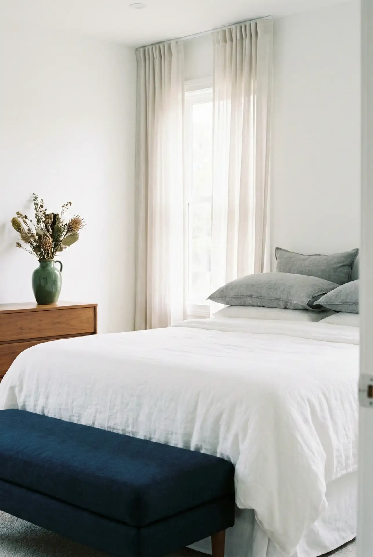 White Bedroom With Navy Blue And Green And Classic Calm Layers 2