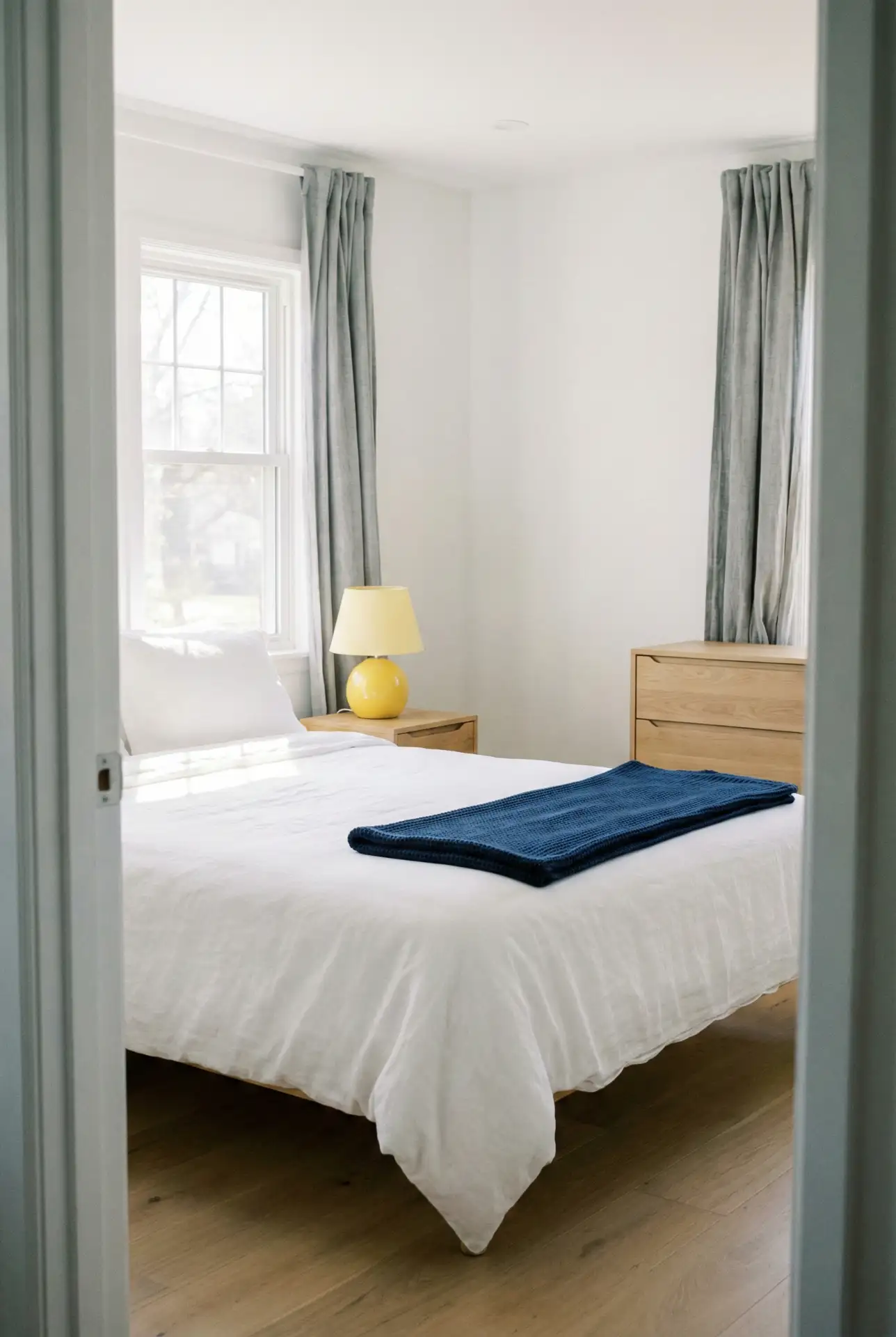 White Bedroom With Navy Blue And Yellow Preppy Fresh Pop 1