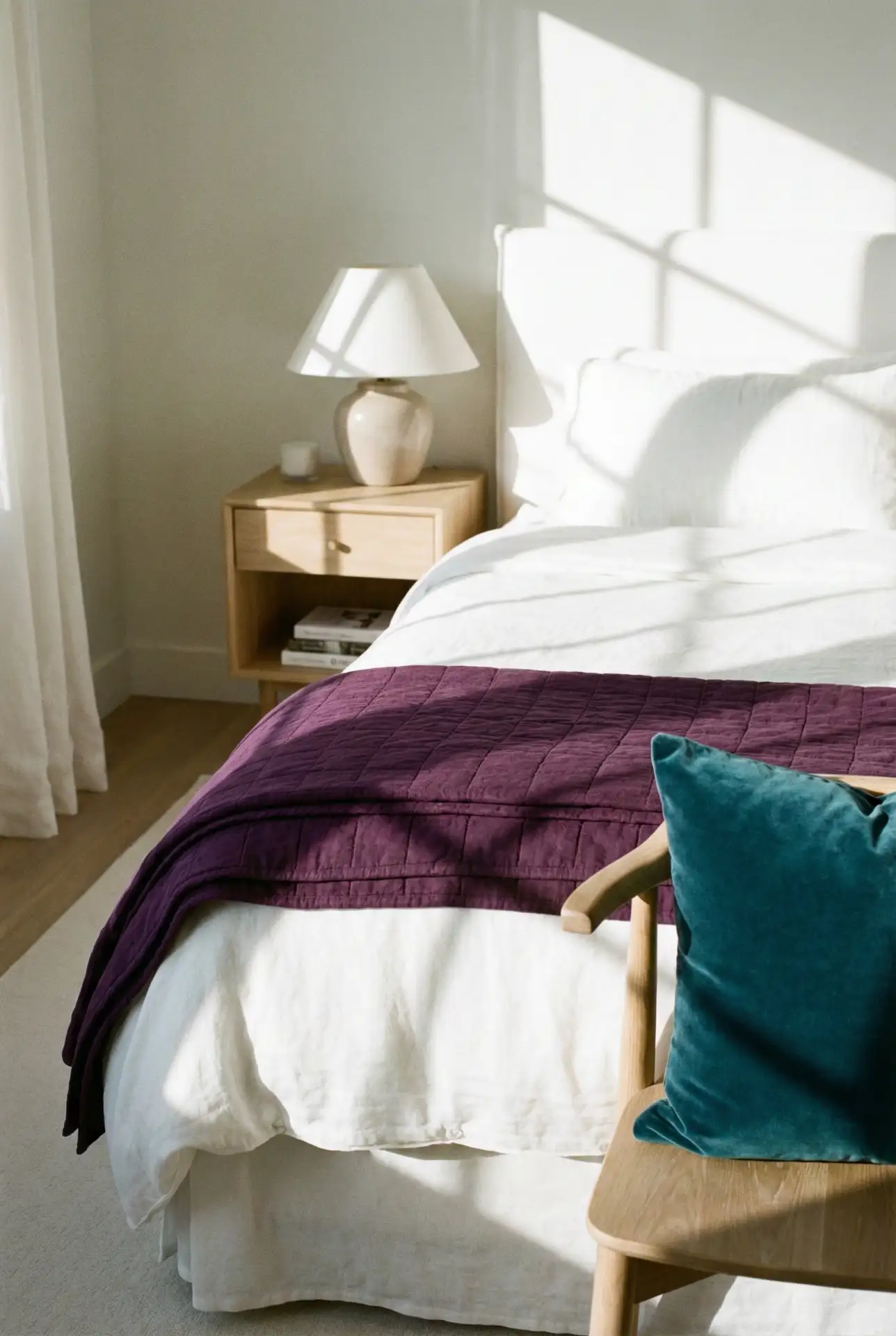 White Bedroom With Purple And Teal Moody Accent Corners 2