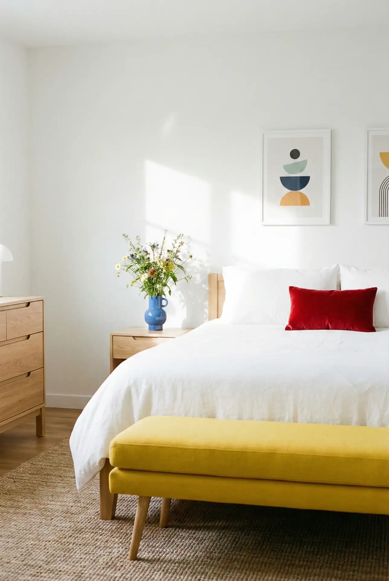White Bedroom With Sunny Yellow And Bold Red Notes 2