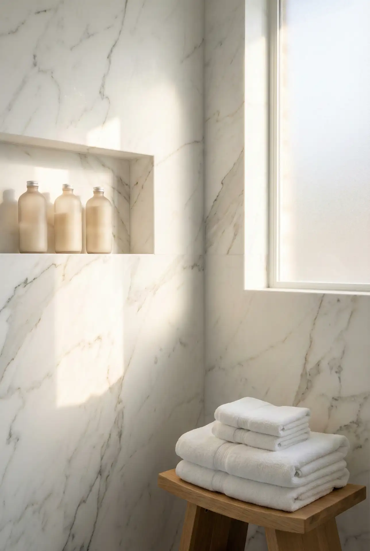 White Marble-Look Shower For A Bright Master Bath 1