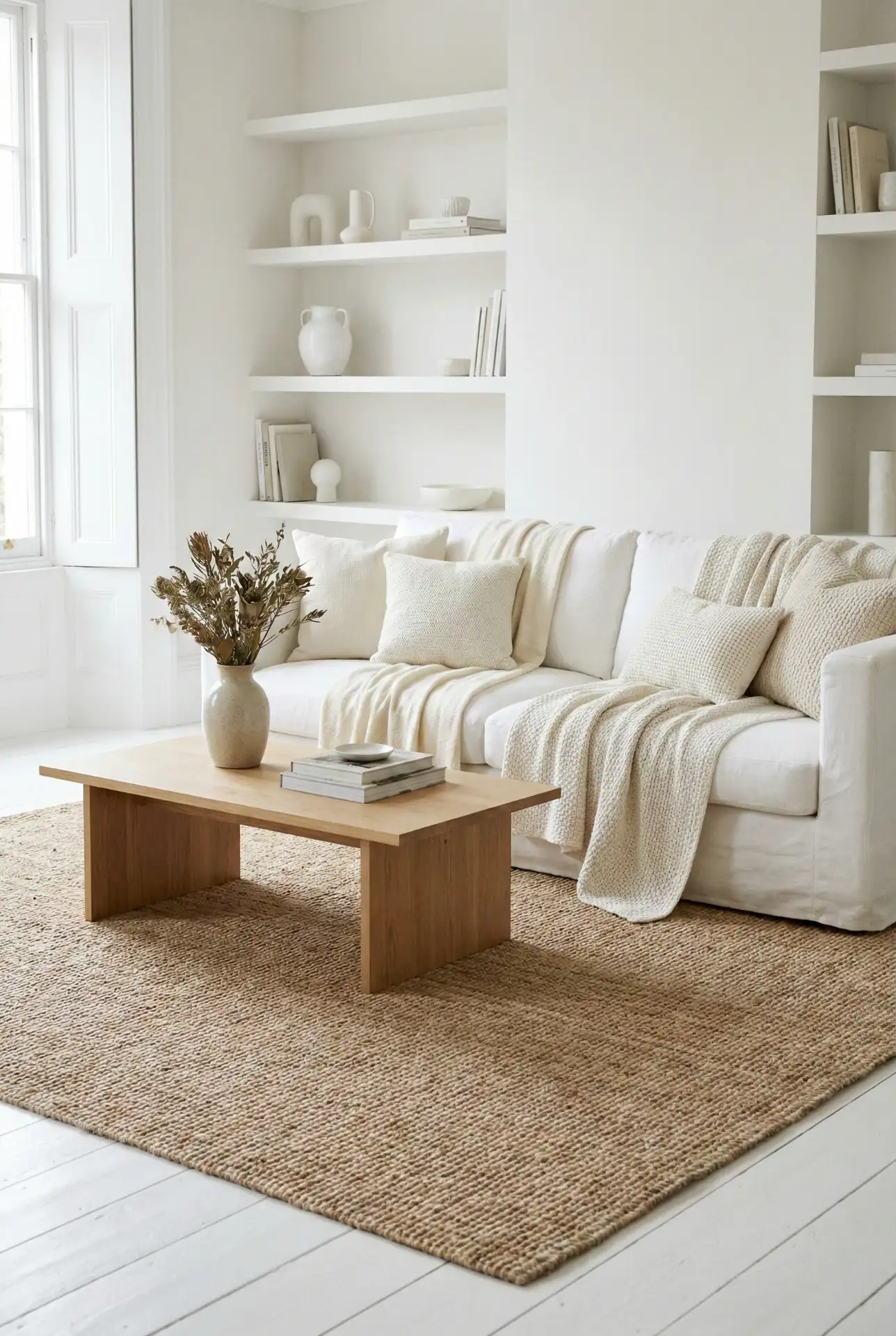 White Minimalist Living Room with Soft Layers 2