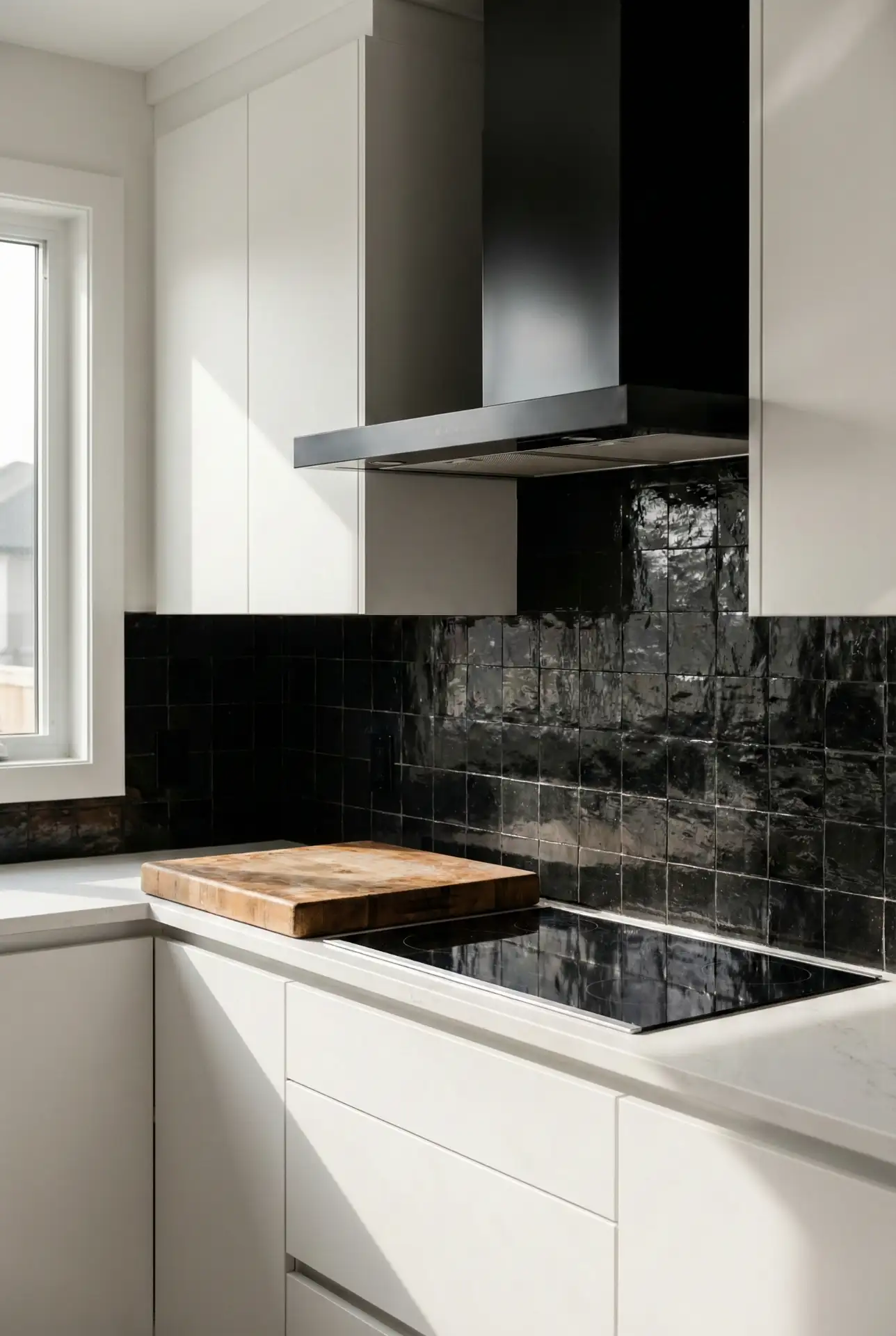 White Slab Cabinets With A Graphic Black Backsplash 2