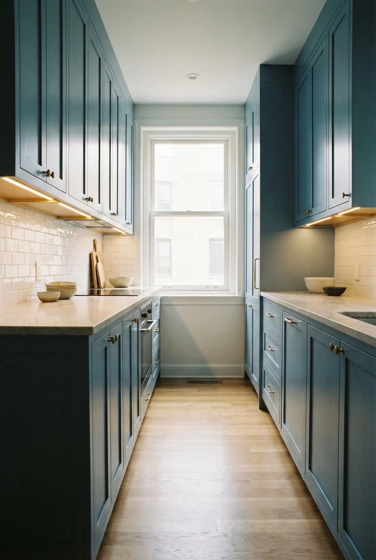 Wide-Feeling Blue Cabinetry With Layered Lighting 1