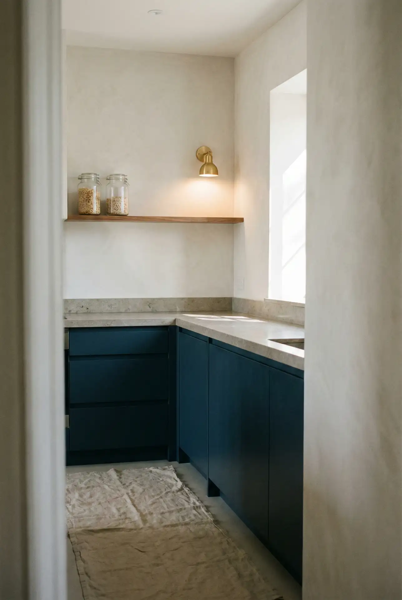 Wide-Feeling Blue Cabinetry With Layered Lighting 2
