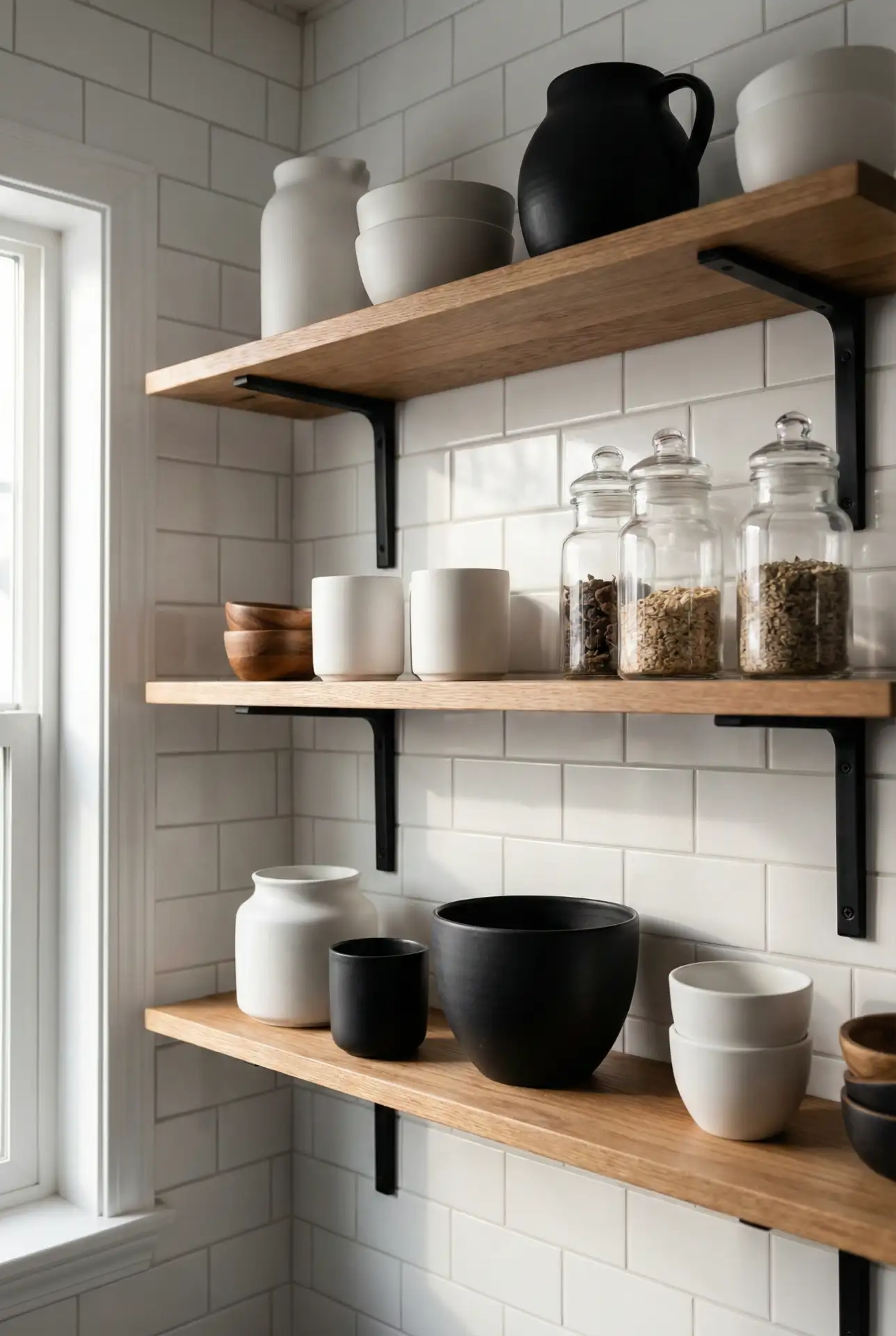 Wood Accent Open Shelving In A Black-And-White Shell 2