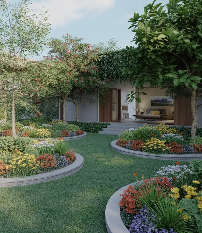 Backyard Flower Garden Layout With Curved Beds 2