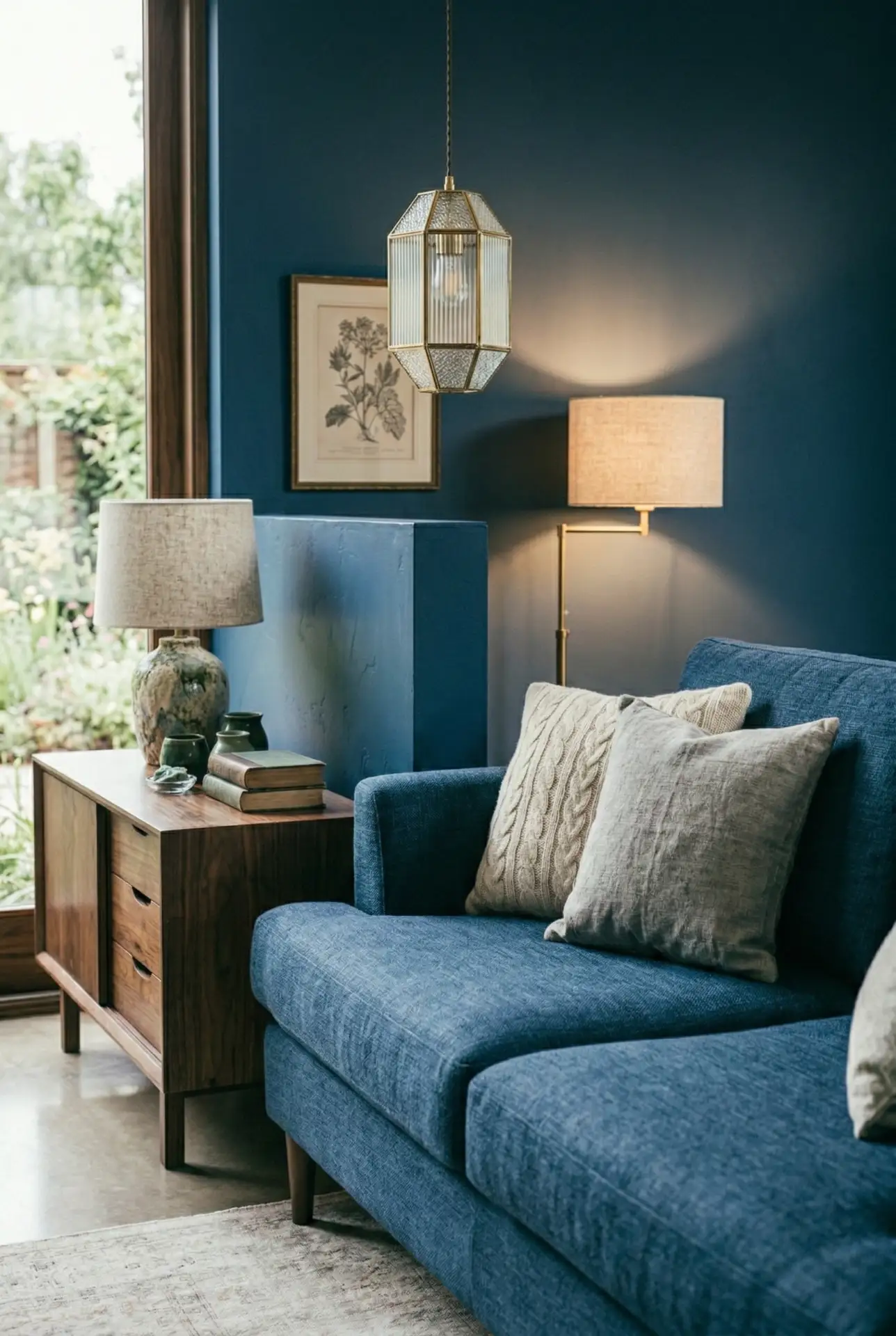 Blue Couch with Balanced Overhead Light 2